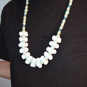 Necklace White-Blue Tones Acrylic Glass Clay Beads on Elastic Hand Made Jewelry